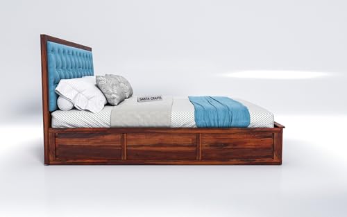 Image of Wooden Double Size Bed with Box Storage for Bedroom, Blue Upholstered Cushioned Headboard, Solid Sheesham Wood, Natural Finish, Mattress Size: 78 X 48 in