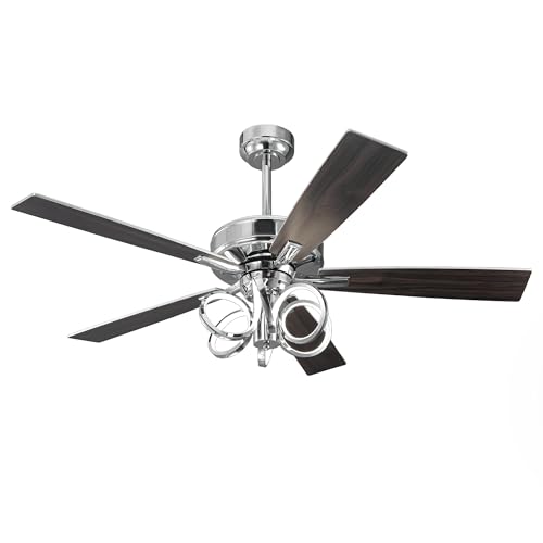 Image of 52 Inch Silver Ceiling Fans with Lights and Remote, Creative Modern Ceiling Fan for Bedroom Living Room with 3CCT, 6 Speeds, Timer, Dual-Sided Reversible 5 Blades Indoor Outdoor Chandelier Fan