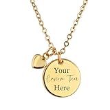 Personalized Disc Necklace, Custom Text Engraved Jewelry Gift for Women, Customized Name Coin Pendant with Heart Charm, Personalized Gifts for Mom (Custom Text, 1-Gold Disc Necklace)