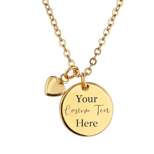 Personalized Disc Necklace, Custom Text Engraved Jewelry Gift for Women, Customized Name Coin Pendant with Heart Charm, Personalized Gifts for Mom