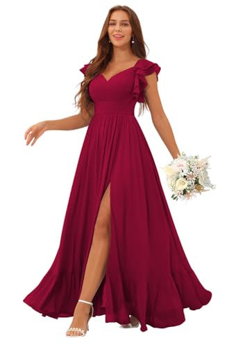 Image of Clothfun Ruffle Sleeve Elegant Bridesmaid Dresses Long Chiffon Formal Dress CYN007