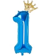 1 Number Balloon Blue 40 inch Big Foil Crown Helium 1st Balloons for 1 Year Old Boy Girl Birthday...