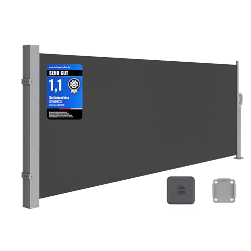 SONGMICS Seitenmarkise mit Stahl-Kasten rostbeständig ausziehbar 140 x 300 cm Windschutz Sonnenschutz blickdicht Seitenrollo für Balkon Terrasse Garten anthrazit GSA143G02