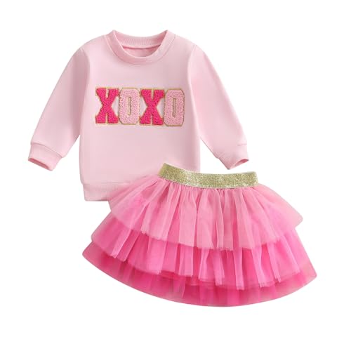 Toddler Baby Girls Valentine's Outfits Be Mine and Bow Embroidery Sweatshirt Tops+Rainbow Tutu Skirt 2Pcs Clothes (XOXO-Pink, 5-6T)