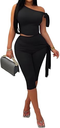 Prekeewil Capri Sets for Women 2 Piece Outfits Sexy Sleeveless One Shoulder Crop Tops Bodycon Legging Pant Sets Jumpsuit