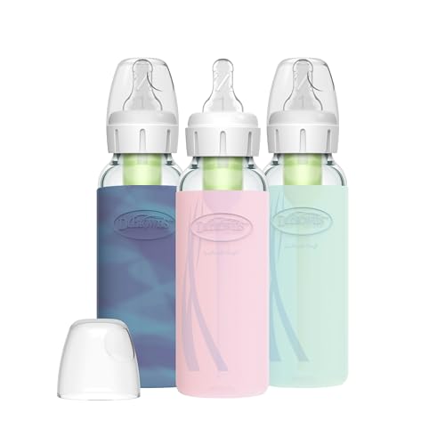 Image of Dr. Brown's Natural Flow Anti-Colic Options+ Narrow Glass Baby Bottle, 8 oz/250 mL, with Silicone Bottle Sleeve, 3 Pack, Glow/Pink/Mint