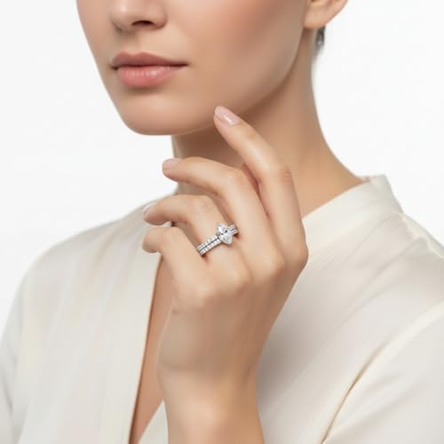 Image of Choose Your Gemstone Three Quarter Diamond CZ Gallery Bridal Ring Set 925 Sterling Silver Marquise Shape Wedding Ring Sets for WomenUS Size 4 to 12