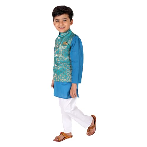 Image of Superminis Boy's Cottton Kurta Cotton Brocade Printed With Golden Thread Work Nehru Jacket and Elastic Closure Pyjama Set