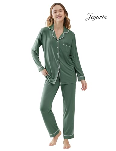 Image of Joyaria Women's Cooling Bamboo Viscose Pajama Set Long Sleeve Button Front | Hot Sleeper Comfort . Cooling Relief . Lightweight Feel for Sleeping & Lounging