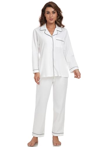 EA'S SECRET Womens Cotton Pajama Sets Long Sleeve Sleepwear Soft Button Down Loungewear Nightwear Pjs Set with Pocket S-XXL (White,S) — view 2