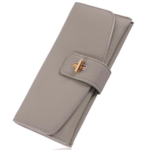 Long Wallet Women PU Leather Cash Wallets Womens Zipper Anti Theft Wallet Coin Purse Credit Card Holder with 14 Slots for Ladies Money Bag - Grey Brown