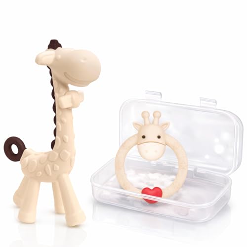 Image of SHARE&CARE Easter Day Gifts Silicone Giraffe Baby Teether Toy with Storage Case, for 3 Months Above Infant Sore Gums Pain Relief, Baby Teething Toys, Women Gift for Mom, Wife, Her (Cream)