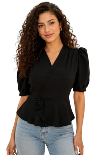 Image of IUGA Women Black Wrap Peplum Top for Women | Puff Half Sleeves V-Neck Casual Western Top | Stylish Regular Fit Tops for Girls