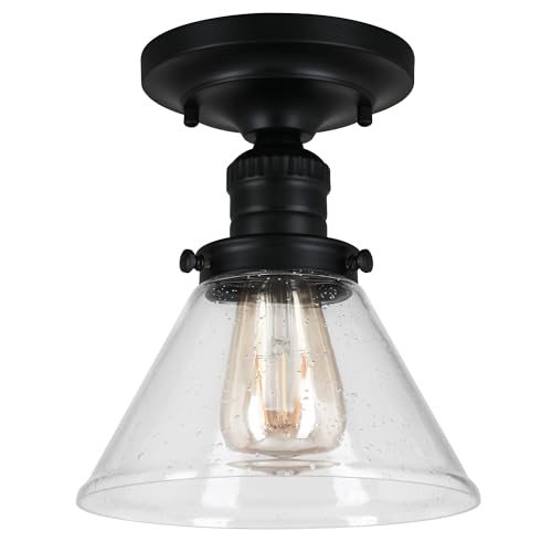 Image of Design House Augustin Ceiling Light, 1-Light, Semi-Flush, Seeded Glass Glow, Dimmable, E26 Socket, Durable Metal Frame, Black, 7.9 in L x x 7.9 in W x 9.1 in H, 589069-BLK