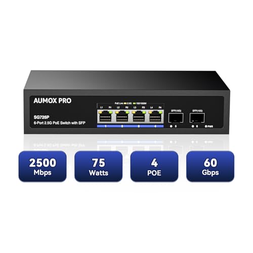 Image of 6 Port 2.5G PoE Switch,AUMOX PRO 4 Port 2.5G Network Unmanaged Switch with 2x10G SFP Gigabit Ethernet Unmanaged PoE Switch 75W,Compatible with 100 /1000 /2500Mbps Plug and Play