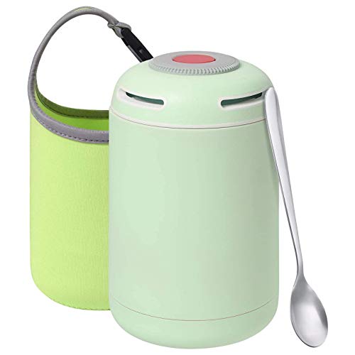 flintronic Termo para Comida, 460 ml Termo para Alimentos, Botella Aislada de Acero Inoxidable, para Adultos Niños y Bebés, con 1 Cepillo 1 Cuchara 1 Taza de Soporte - Verde Claro