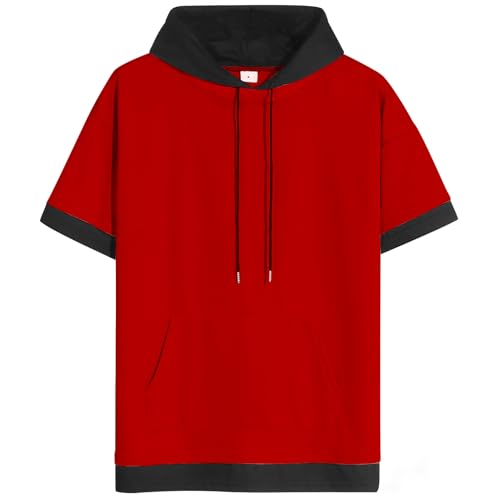 Mens Short Sleeve Hoodie Soft Cotton Color Block Moisture Wicking Big Pocket Streetwear Short Sleeve Sweatshirt