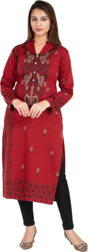 Image of Rosary Women's Winter Wear Jacquard Woolen Straight Kurti with 2 Side Pockets