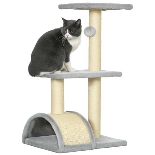 PawHut Albero Tiragraffi per Gatti a 3 Livelli 72 cm con Tappetino Tiragraffi ad Arco, Albero per Gatti Multilivello,...
