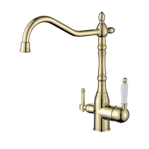 Florenta 3 Wege Wasserhahn Küche, 360° Drehbar Küchenarmatur Messing, 3 in 1 Mischbatterie für Wasserfilter, Trinkwasserhahn mit 2 Hebel, Drei Wege Armatur Küche, Golden