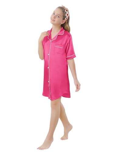 Image of Schbbbta Girls & Women Silk Nightgown, Short Sleeve Button Down Satin Nightshirt Pajama House Dress, 3 Years- Women 2XL