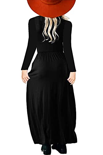 Long Sleeve Dresses For Girl Floor Length Solid Black Autumn Winter Swing Maxi Dress 5-6 Years #TOP4