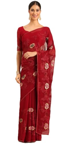 Image of Panzora Women's Chiffon Embroiderd Saree With Blouse Piece