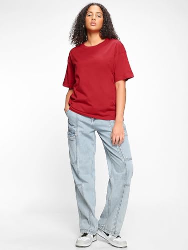 Image of Bewakoof Women's Solid Oversized Fit Half Sleeve Round Neck Cotton Jersey T-Shirt