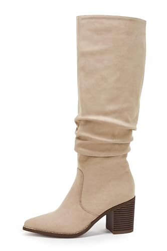 Huiyuzhi Womens Pointed Toe Mid Chunky Heel Side Zipper Knee High Boots Tall Booties4