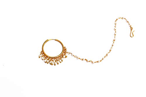 Glamorous Collection Gold Plat Plain Pearl Pierced Nose Ring Nath Chain Hoop Bridal Muslim Nose Jewel
