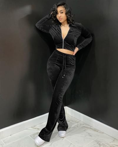 yidengymx Womens 2 Piece Velour Tracksuit Two Piece Outfits for Women Long Sleeve Zip Up Crop Tops Sweatpants Sets Pockets3