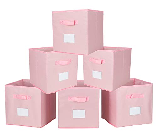 TQVAI Foldable Clothes Storage Cubes 6 Pack with Label Holder Nylon Collapsible Nursery Basket Closet Bin Organizer - Dogwood Pink