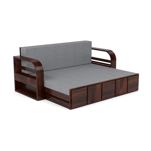 Image of Mamta Furniture Sheesham Wood Sofa Cum Bed with Storage for Living Room Bedroom | Wooden Diwan Sofa Set with Grey Mattress | Solid Wood Sofa Bed in Walnut Finish