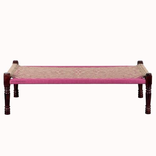 Image of Solid Sheesham Wood Charpai Khat | Handcrafted Daybed Khatiya Charpai with Cotton Rope | Traditional Khat Bed Wooden Diwan Cot for Living Room | 6X3 Feet | Beige and Pink