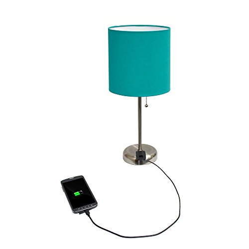 Limelights Lt2024-Tel Brushed Steel Stick Table Desk Lamp With Charging Outlet And Drum Fabric Shade, Teal #TOP4