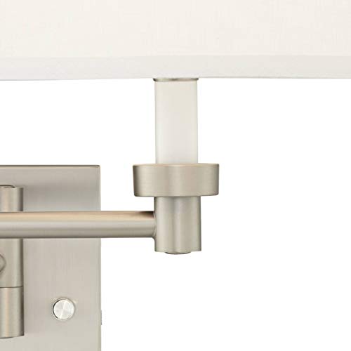Image of Possini Euro Design Modern Swing Arm Wall Mounted Lamps Set of 2 Brushed Nickel Plug-in Light Fixture Dimmable White Linen Drum Shade for Bedroom Bedside House Reading Living Room Home Dining