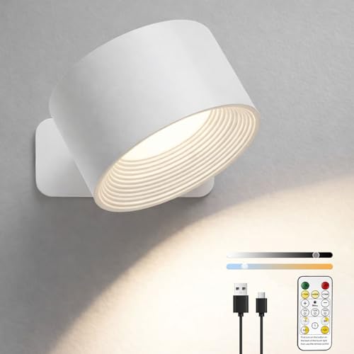 Lights of Sweden Wall Lamps - Rechargeable Infinity Wall Lamps with Remote Control Cordless Magnetic Sconces 360 Rotatable 3 Color Temperatures & Dimmable for Bedroom and Home Lighting (White)
