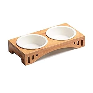Ciotole Rialzate per Animali Domestici in Bambù Massiccio con Ciotole in Ceramica - Mangiatoia per Cani, Gatti e Cuccioli (Doppia Ciotola)
