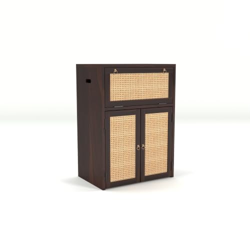 Image of Solid Sheesham Wood Battery Cabinet with Cane Doors | Wooden Inverter Battery Storage Cabinet