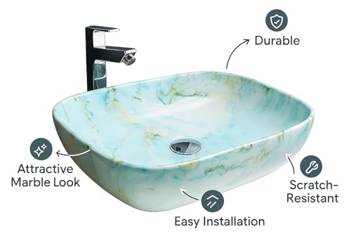 Image of Ceramic Tabletop Wash Basin - Glossy Rectangular Countertop Vessel Sink with Marble Finish for Bathroom & Vanity | Compact 18 x 13 x 5 Inch | Elegant Washbasin