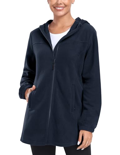 MoFiz Fleecejacke Damen lang mit Reißverschluss Stehkragen Damenjacke ohne kapuze outdoor zum Laufen Leichte Fleece Sweatjacke für Wandern und Freizeit Navy Blau EU L