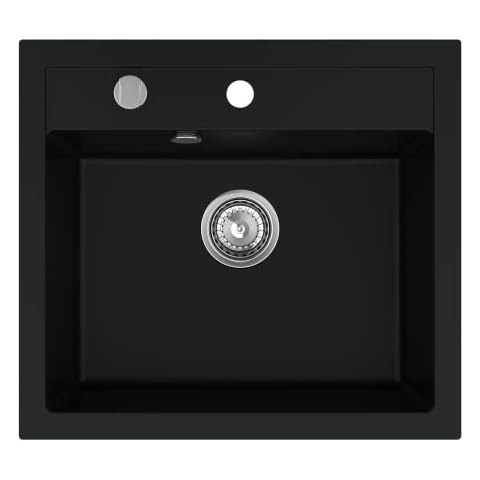 SINK QUALITY Spülbecken schwarz mit Siphon Set 56 x 51 cm Spüle Einzelbecken Spülbecken für 60 cm Unterschrank Quadratisch Granitspüle ohne Abtropffläche Model FERRUM Cover