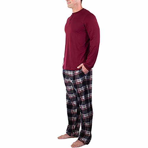 Dg Hill (2 Piece Fleece Lightweight Men's Pajama Set Plaid Loungewear Pjs, Long Sleeve Henley Shirt With Pajama Pants #TOP1