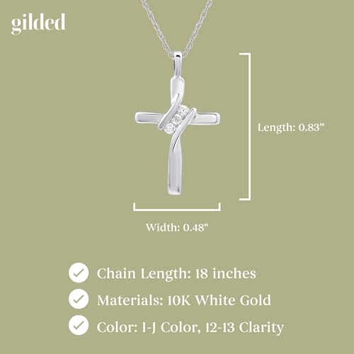 GILDED Small 10K White Gold Natural Round-Cut Diamond Accent (I-J Color, I2-I3 Clarity) 3 Stone Cross Pendant-Necklace,18"4