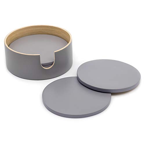 Dehaus® Juego de 6 elegantes posavasos de bambú hilado gris con soporte, juego de posavasos redondos hechos a mano de madera reversibles, 10 cm de diámetro (gris/natural) Cover