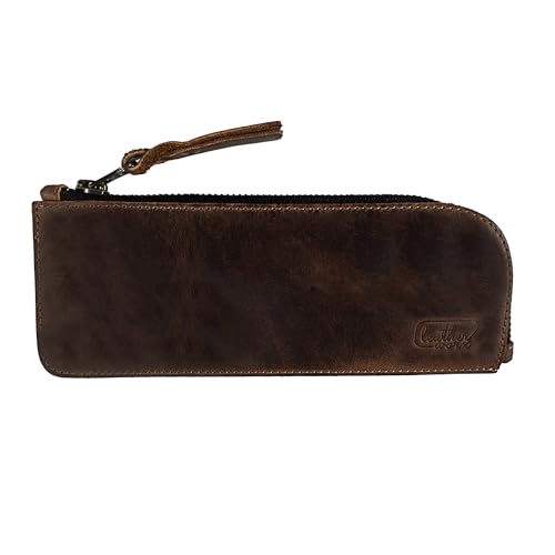 Image of Full Grain Leather Flat Pencil Pouch, Curved Pen and Marker Case for Men and Women, Zippered Bag for Work & Artists Accessories, Bourbon Brown