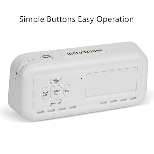 Image of FAMICOZY Digital Alarm Clock with Calendar Indoor Temperature,Adjustable Snooze,Crescendo Alarm,Manual DST,Light on Demand,No Ticking for Bedside Travel,White