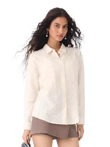 Image of The Souled Store Textured Shirt: Women and Girls Full Sleeves Spread Collar Solid Textured Viscose Nylon Relaxed Fit Lightweight Summer-Ready Casual Wear Shirts