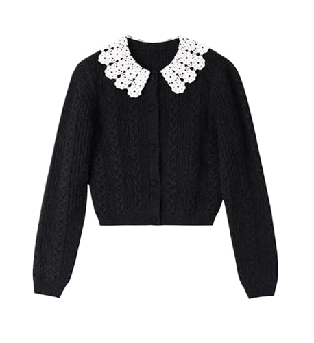 Women Vintage Single Breasted Cardigan Autumn Winter Peter Pan Collar Black Knitwear Jumper Lace Sweater