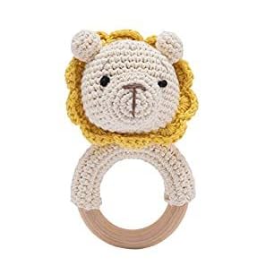 Image of Wooden Baby Rattle Crochet Lion Baby Toys Handmade Newborn Toy Early Development Grips Stuffed Animal Organic Rattle